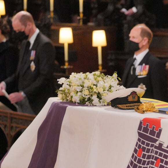 Le prince William, duc de Cambridge, et Catherine (Kate) Middleton, duchesse de Cambridge, James Mountbatten-Windsor, Sophie Rhys-Jones, comtesse de Wessex, et Louise Mountbatten-Windsor (Lady Louise Windsor) - Funérailles du prince Philip, duc d'Edimbourg à la chapelle Saint-Georges du château de Windsor, Royaume Uni, le 17 février 2021. 