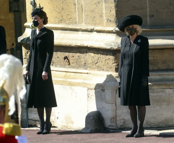 Catherine Kate Middleton, la duchesse de Cambridge, Camilla Parker Bowles, la duchesse de Cornouailles - Arrivées aux funérailles du prince Philip, duc d'Edimbourg à la chapelle Saint-Georges du château de Windsor, le 17 avril 2021. 