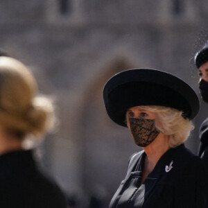 Camilla Parker Bowles, la duchesse de Cornouailles, Catherine Kate Middleton, la duchesse de Cambridge - Arrivées aux funérailles du prince Philip, duc d'Edimbourg à la chapelle Saint-Georges du château de Windsor, le 17 avril 2021. 