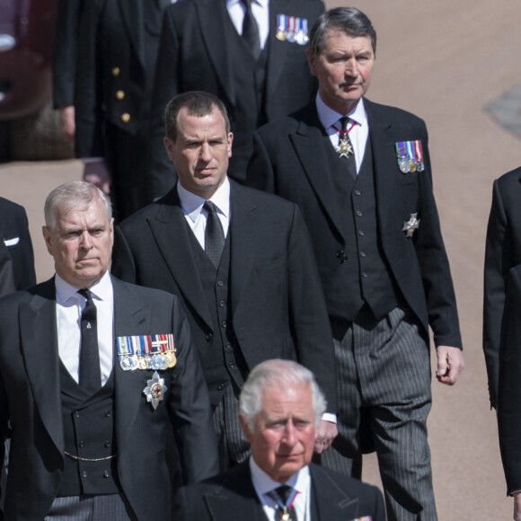 Le prince Charles, prince de Galles, la princesse Anne, le prince Andrew, duc d'York, le prince Edward, comte de Wessex, le prince William, duc de Cambridge, Peter Phillips, le prince Harry, duc de Sussex, David Armstrong-Jones, comte de Snowdon, Sir Timothy Laurence - Arrivées aux funérailles du prince Philip, duc d'Edimbourg à la chapelle Saint-Georges du château de Windsor, le 17 avril 2021. 