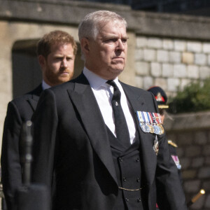 Le prince Harry, duc de Sussex, Le prince Andrew, duc d'York, et Le prince Edward, comte de Wessex - Arrivées aux funérailles du prince Philip, duc d'Edimbourg à la chapelle Saint-Georges du château de Windsor.