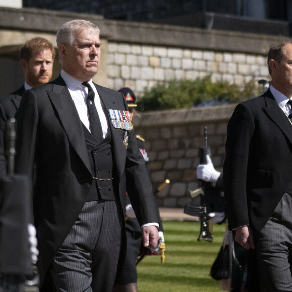 Le prince Harry, duc de Sussex, Le prince Andrew, duc d'York, et Le prince Edward, comte de Wessex - Arrivées aux funérailles du prince Philip, duc d'Edimbourg à la chapelle Saint-Georges du château de Windsor.