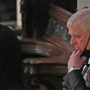 Le prince Andrew, duc d'York, - Funérailles du prince Philip, duc d'Edimbourg à la chapelle Saint-Georges du château de Windsor, Royaume Uni, le 17 avril 2021.