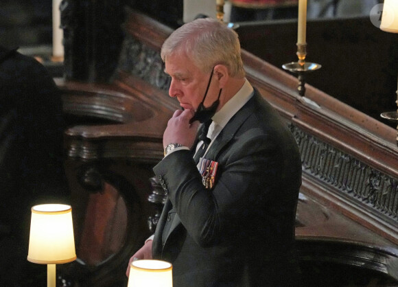 Le prince Andrew, duc d'York, - Funérailles du prince Philip, duc d'Edimbourg à la chapelle Saint-Georges du château de Windsor, Royaume Uni, le 17 avril 2021.