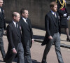 Le prince Harry, duc de Sussex, Peter Phillips, le prince William, duc de Cambridge - Arrivées aux funérailles du prince Philip, duc d'Edimbourg à la chapelle Saint-Georges du château de Windsor, le 17 avril 2021.