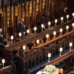 Le prince Charles, prince de Galles, la princesse Anne, le prince Andrew, duc d'York, le prince William, duc de Cambridge, David Armstrong-Jones, comte de Snowdon, Peter Phillips, la princesse Anne, le prince Edward, comte de Wessex, le prince Harry, duc de Sussex, Sir Timothy Laurence - Funérailles du prince Philip, duc d'Edimbourg à la chapelle Saint-Georges du château de Windsor, Royaume Uni, le 17 avril 2021.