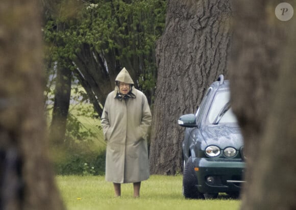 La reine Elisabeth II d'Angleterre est venue en voiture voir les chevaux de l'attelage du prince Philip à Windsor, Royaume Uni, le 30 avril 2021.