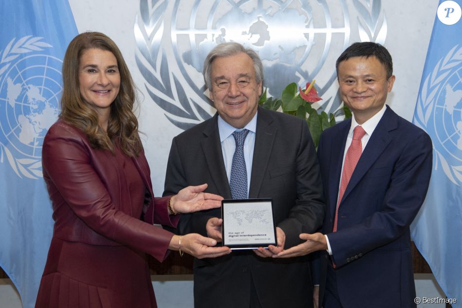Melinda Gates (co-présidente de la Fondation Bill & Melinda Gates), Jack Ma (président exécutif du Groupe Alibaba) rencontrent Antonio Guterres (Secrétaire général des Nations Unies) pour discuter de la manière dont la coopération et la technologie numériques peuvent contribuer à la réalisation du Programme 2030. Le 10 juin 2019.