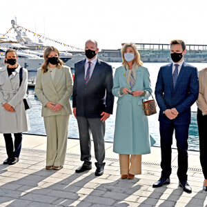 Exclusif - Louis Ducruet, sa femme Marie Chevallier, la princesse Caroline de Hanovre, le prince Albert II de Monaco, Pauline Ducruet, la princesse Stéphanie de Monaco et Camille Gottlieb (marraine de Monaco One) lors du baptême de la navette Monaco One qui reliera les ports de Monaco et Vintimille, à Monaco, le 8 mars 2021. La navette maritime "Monaco One" ralliera Monaco à Vintimille en dix minutes. © Bruno Bebert/ PRM / Bestimage