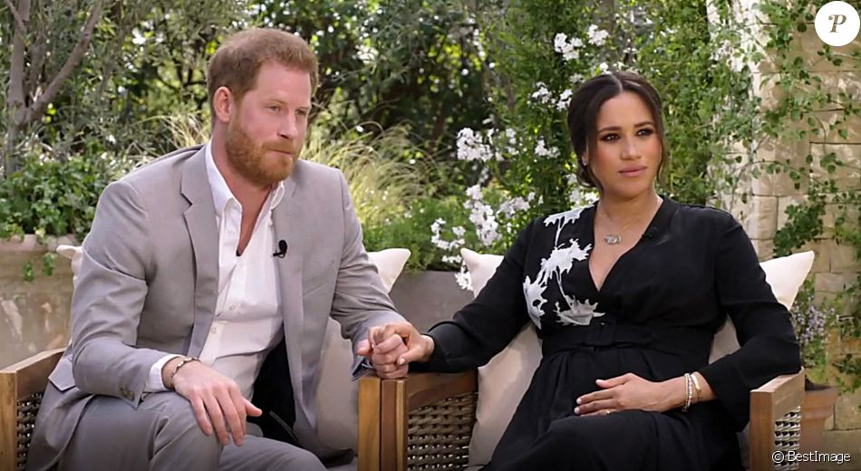 Le prince Harry et Meghan Markle (enceinte) lors de leur interview vérité avec Oprah Winfrey, le 7 mars 2021 sur CBS.
