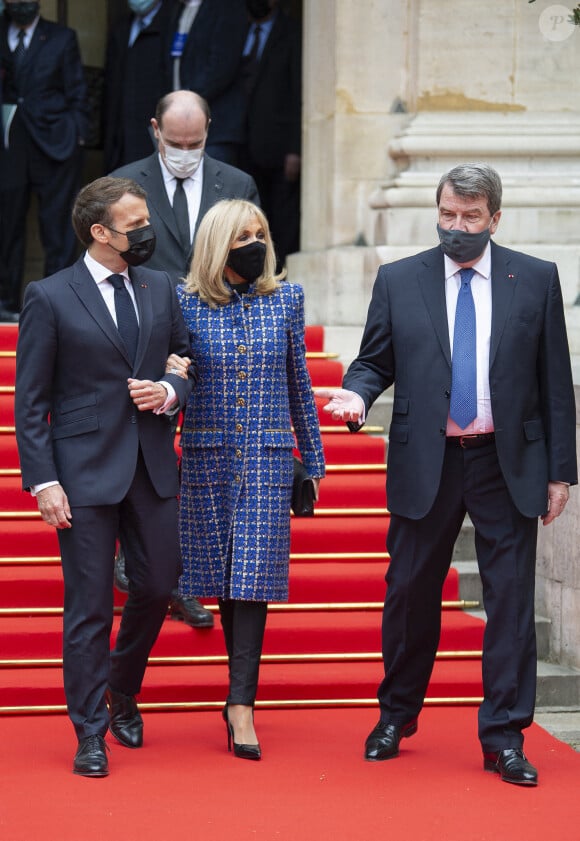 Emmanuel Macron et sa femme Brigitte Macron, Jean Castex et Xavier Darcos - Le président français Emmanuel Macron commémore le bicentenaire de la mort de Napoléon à l'Institut de France, le 5 mai 2021 à Paris.