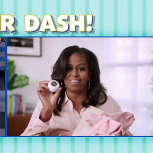 Michelle Obama fait la promotion de son nouveau programme culinaire "Gaufrette et Mochi" (Netflix) dans l'émission "Ellen Degeneres Show" en visioconférence. Los Angeles. Le 16 mars 2021.