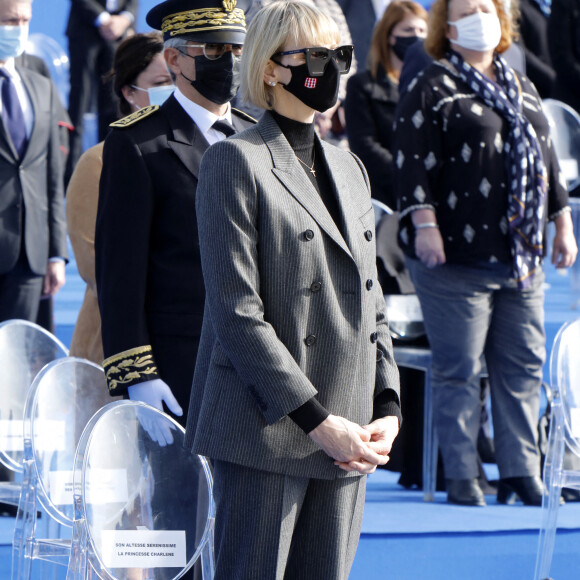 La princesse Charlene de Monaco - Cérémonie d'hommage national aux victimes de l'attentat terroriste du 29 octobre 2020 au sommet de la Colline du Château à Nice. Le 7 novembre 2020. © Patrick Aventurier / Pool / Bestimage