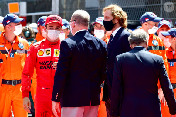 Le pilote monégasque Charles Leclerc, le prince Albert II de Monaco et Andrea Casiraghi - Podium du 78ème Grand Prix de F1 de Monaco le 23 mai 2018. Bruno Bebert/Bestimage 