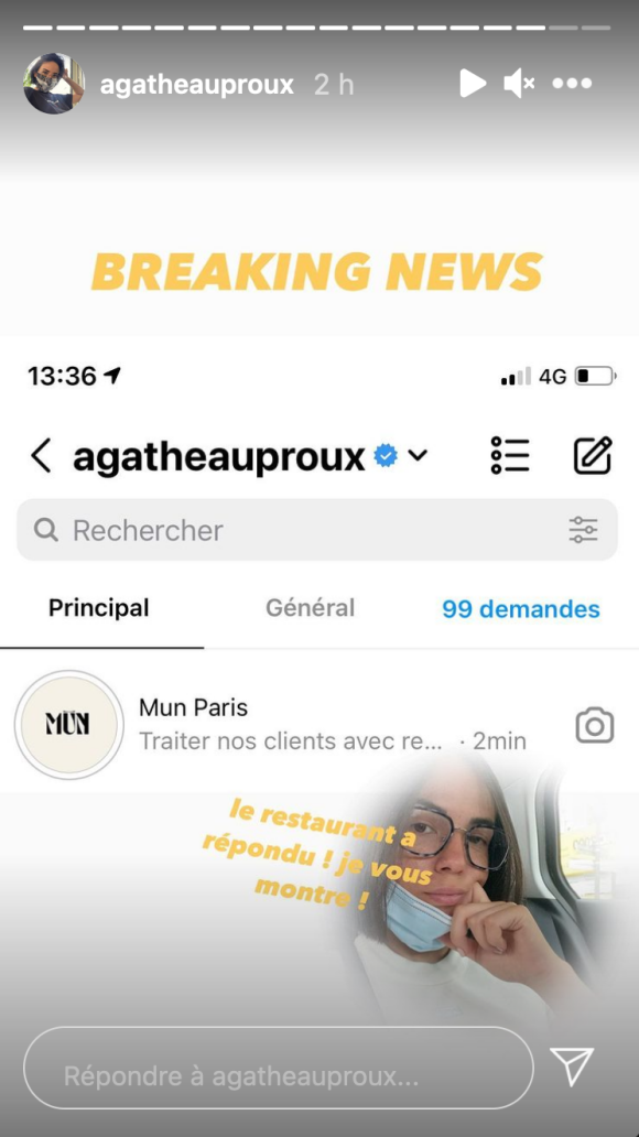 Agathe Auproux recalée par un restaurant parisien, les gérants lui envoient un message - Instagram