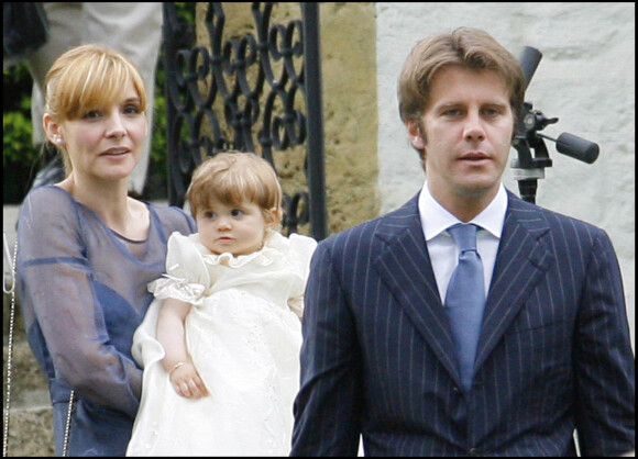 Le prince Emmanuel Philibert de Savoie et son épouse Clotilde Courau, princesse de Venise et de Piémont, lors du baptême de leur deuxième fille Luisa à Gstaad, en Suisse, en 2007.