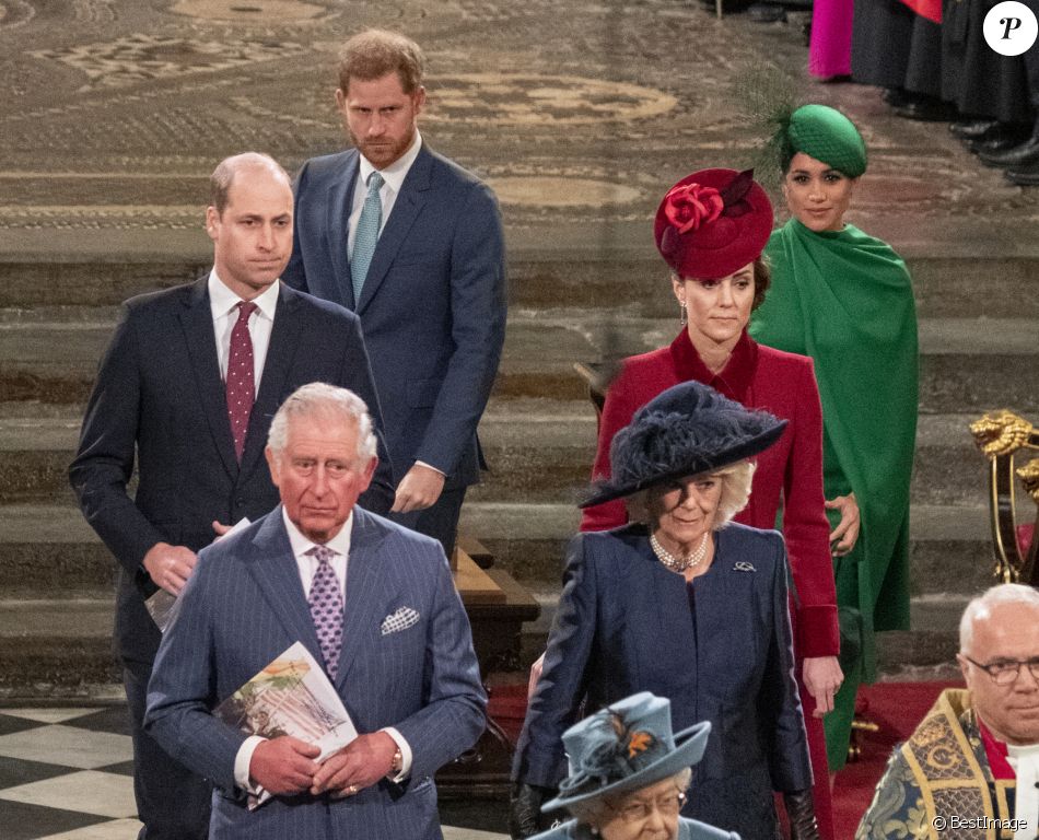 Le prince William, duc de Cambridge, et Catherine (Kate) Middleton, duchesse de Cambridge, Le prince Charles, prince de Galles, et Camilla Parker Bowles, duchesse de Cornouailles, Le prince Harry, duc de Sussex, Meghan Markle, duchesse de Sussex - La famille royale d'Angleterre lors de la cérémonie du Commonwealth en l'abbaye de Westminster à Londres le 9 mars 2020.