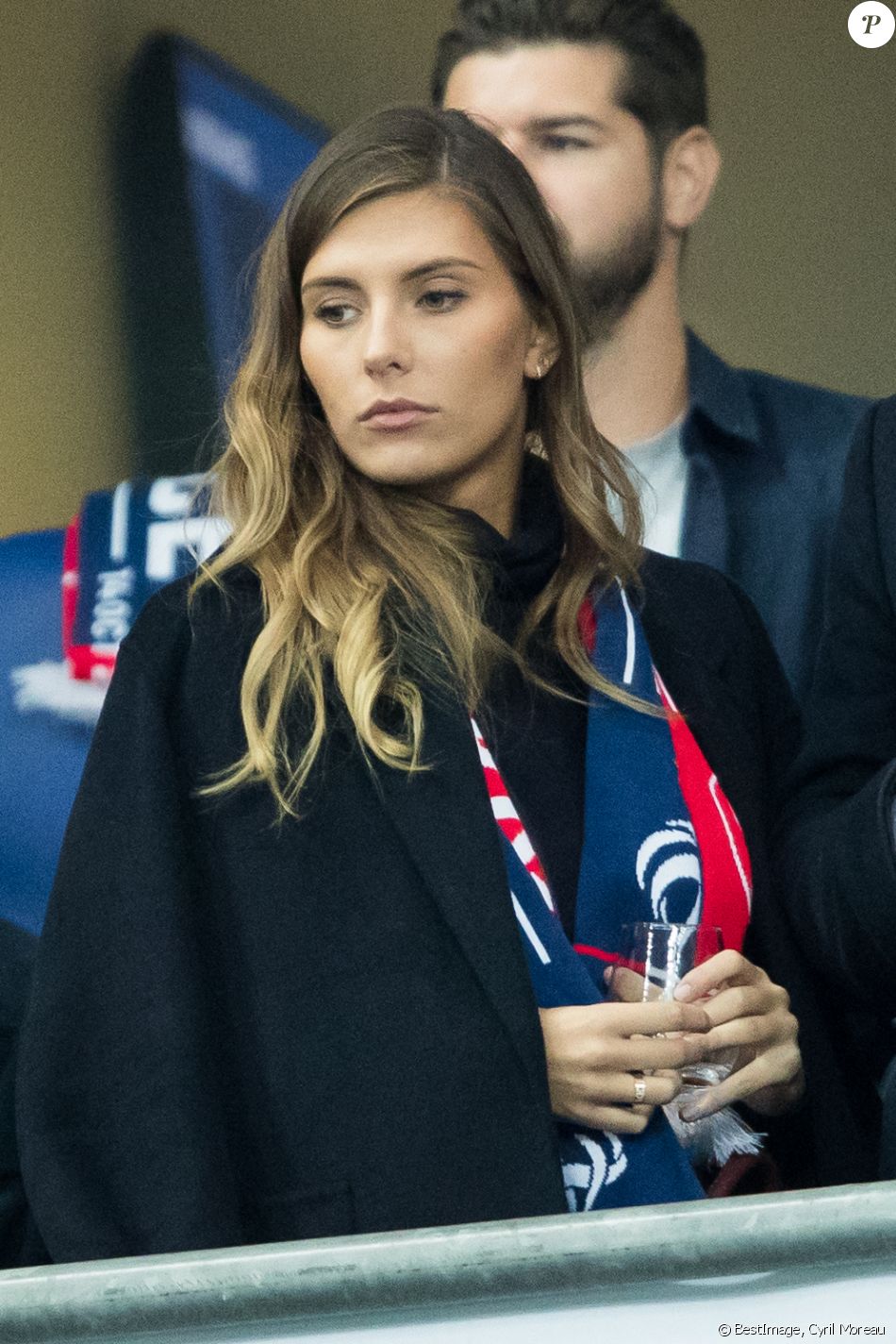 Camille Cerf (Miss France 2015) dans les tribunes lors du match de qualification pour l'Euro2020 "France - Turquie (1-1)" au Stade de France. Saint-Denis, le 14 octobre 2019. © Cyril Moreau/Bestimage