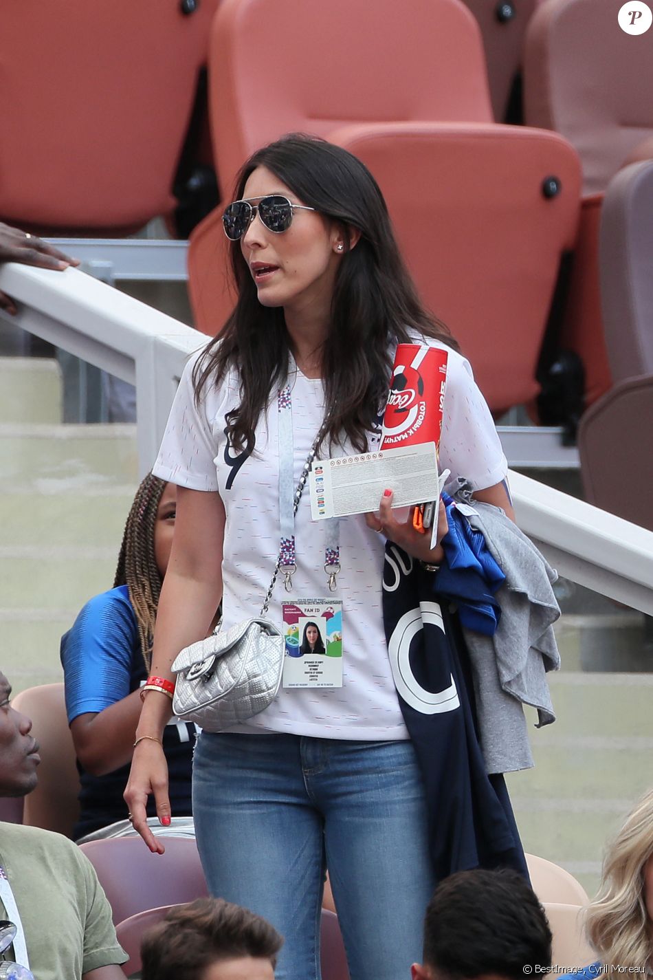 Jennifer Giroud dans les tribunes lors du match de coupe du monde opposant la France au Danemark au stade Loujniki à Moscou, Russia, le 26 juin 2018. © Cyril Moreau/Bestimage