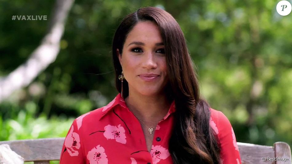 Capture d'écran de Meghan Markle (enceinte), duchesse de Sussex, dans une vidéo pré-enregistrée pour le concert caritatif "Vax Live" en faveur de la vaccination contre le Coronavirus (COVID-19) à Los Angeles. Le 8 mai 2021