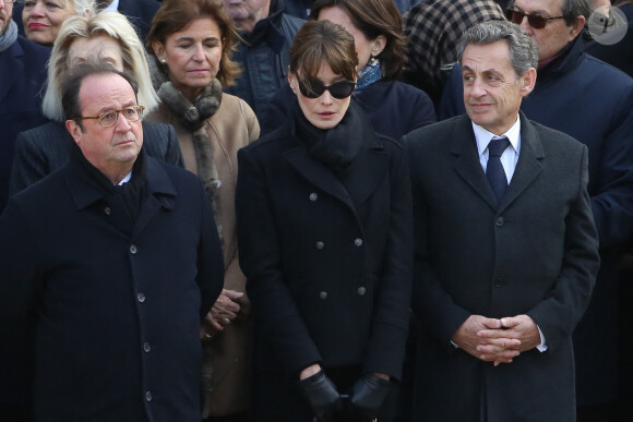 François Hollande, Carla Bruni Sarkozy et son mari Nicolas Sarkozy lors de la cérémonie d'hommage national à Jean d'Ormesson à l'hôtel des Invalides à Paris le 8 décembre 2017. © Stéphane Lemouton / Bestimage 
