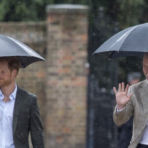 Le prince William et le prince Harry lors de la visite du Sunken Garden dédié à la mémoire de Lady Diana à Londres le 30 août 2017.
