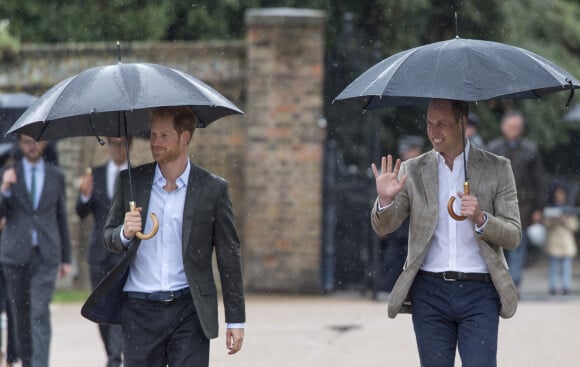 Le prince William et le prince Harry lors de la visite du Sunken Garden dédié à la mémoire de Lady Diana à Londres le 30 août 2017.