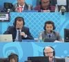 Les commentateurs Bixente Lizarazu et Grégoire Margotton lors de la 8ème de finale du match de coupe du monde opposant l'Angleterre à la Colombie au stade Spartak à Moscow, Russie. © Cyril Moreau/Bestimage