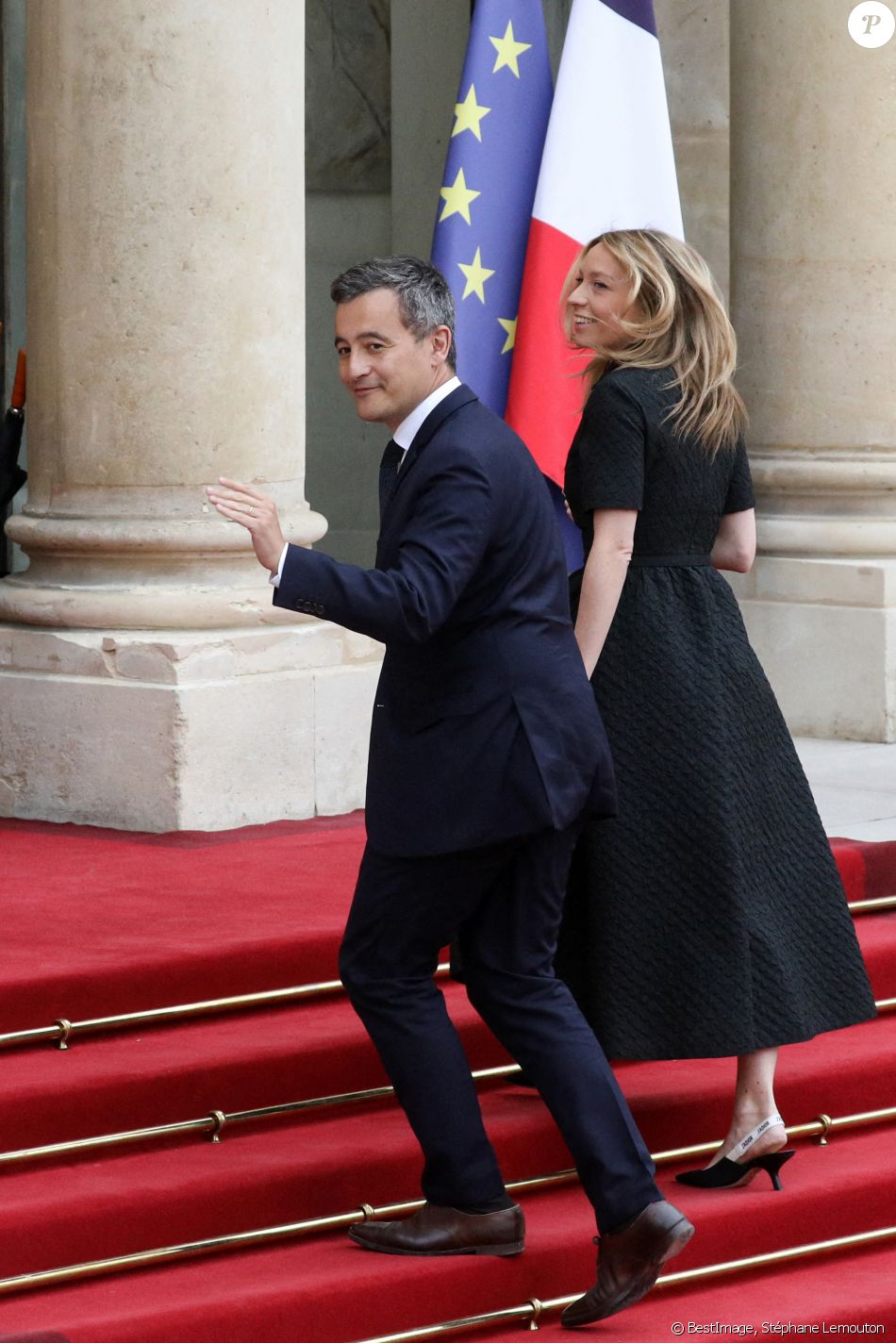 Le ministre de l'Intérieur, Gérald Darmanin et son épouse Rose-Marie Devillerse arrivent pour un dîner d'Etat avec le président français et italien, au palais de l'Elysée, Paris, le 5 juillet 2021. © Stéphane Lemouton / Bestimage