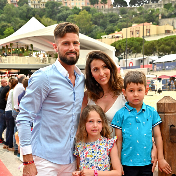 Olivier Giroud en famille avec sa femme Jennifer et leurs deux enfants, Jade et Evan lors de la 15ème édition du Longines Global Champions Tour Jumping International de Monaco, qui a lieu sur le port Hercule à Monaco, le 3 juillet 2021. © Bruno Bébert/Bestimage