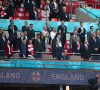 La princesse Mary de Danemark, le prince Christian de Danemark, le prince Frederik de Danemark, le prince William, le président de l'UEFA Aleksander Ceferin, le Premier ministre britannique Boris Johnson et son épouse Carrie lors de la demi-finale de l'Euro 2020 avec le match opposant l'Angleterre au Danemark, au stade de Wembley à Londres, le 7 juillet 2021. 