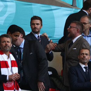 David Beckham lors de la demi-finale de l'Euro 2020 avec le match opposant l'Angleterre au Danemark, au stade de Wembley à Londres, le 7 juillet 2021.