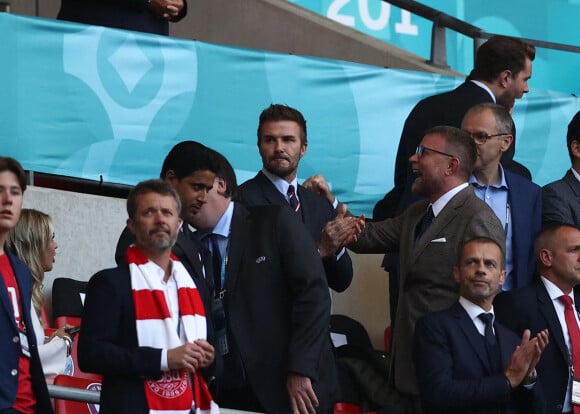 David Beckham lors de la demi-finale de l'Euro 2020 avec le match opposant l'Angleterre au Danemark, au stade de Wembley à Londres, le 7 juillet 2021.