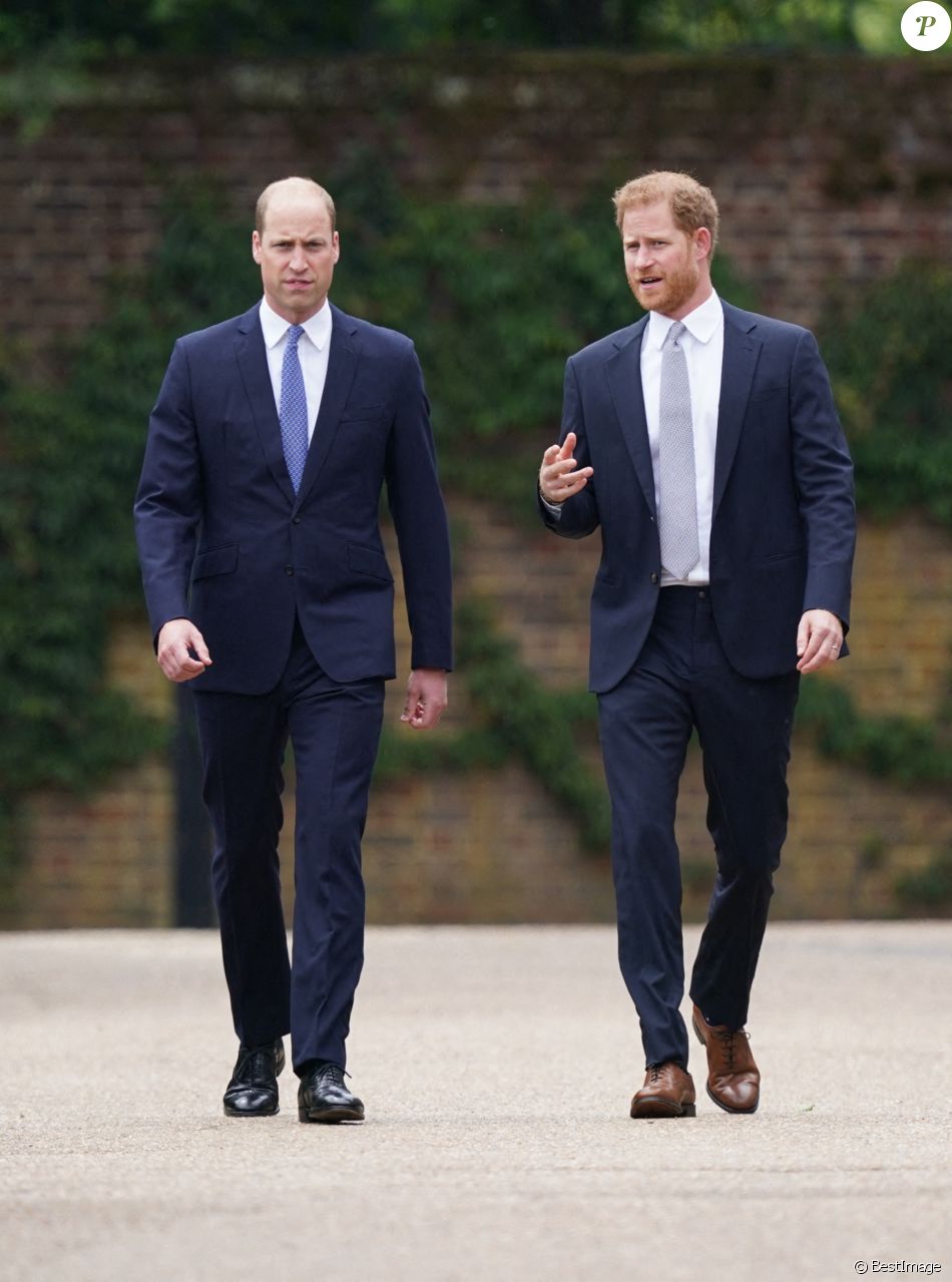 Le prince William, duc de Cambridge, et son frère Le prince Harry, duc de Sussex, se retrouvent à l'inauguration de la statue de leur mère, la princesse Diana dans les jardins de Kensington Palace à Londres, le 1er juillet 2021. Ce jour-là, la princesse Diana aurait fêté son 60 ème anniversaire.