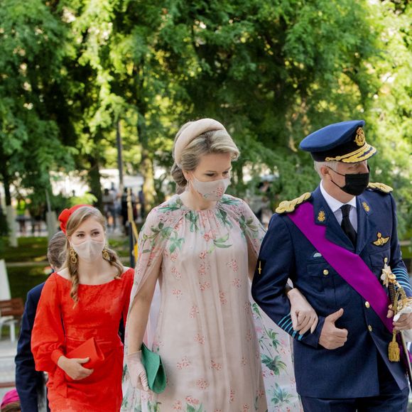 Le Roi Philippe de Belgique, la Reine Mathilde de Belgique, le prince Gabriel, le prince Emmanuel la princesse Eléonore, la princesse Elisabeth assistent à la cérémonie du " Te Deum " à la cathédrale des Saints Michel et Gudule à Bruxelles, à l'occasion de la Fête nationale belge. Belgique, Bruxelles, 21 juillet 2021.