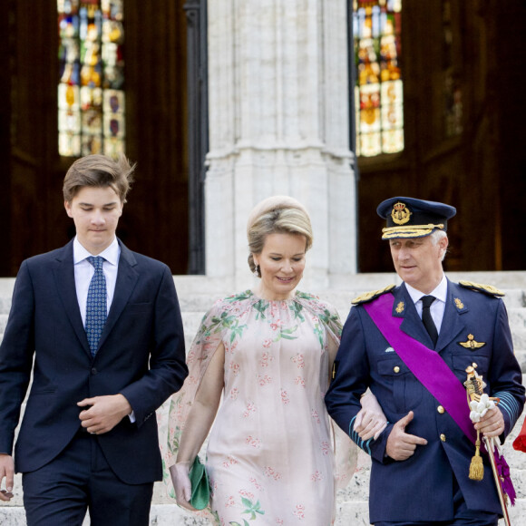 Le Roi Philippe de Belgique, la Reine Mathilde de Belgique, le prince Gabriel, le prince Emmanuel la princesse Eléonore, la princesse Elisabeth assistent à la cérémonie du " Te Deum " à la cathédrale des Saints Michel et Gudule à Bruxelles, à l'occasion de la Fête nationale belge. Belgique, Bruxelles, 21 juillet 2021.
