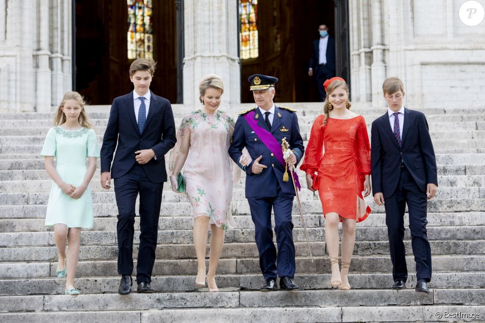 Le Roi Philippe de Belgique, la Reine Mathilde de Belgique, le prince Gabriel, le prince Emmanuel la princesse Eléonore, la princesse Elisabeth assistent à la cérémonie du " Te Deum " à la cathédrale des Saints Michel et Gudule à Bruxelles, à l'occasion de la Fête nationale belge. Belgique, Bruxelles, 21 juillet 2021.