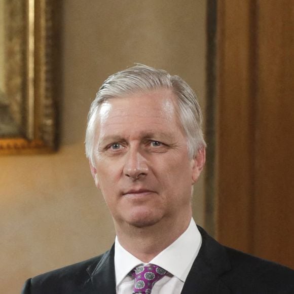 Le roi Philippe de Belgique prononce un discours, au palais royal de Bruxelles, lors du jour de deuil national, décrété en hommage aux victimes des inondations. Le 20 juillet 2021.