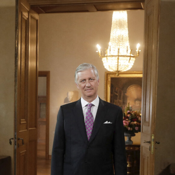 Le roi Philippe de Belgique prononce un discours, au palais royal de Bruxelles, lors du jour de deuil national, décrété en hommage aux victimes des inondations. Le 20 juillet 2021.
