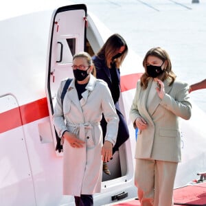 Exclusif - Pauline Ducruet, la princesse Stéphanie de Monaco et Camille Gottlieb (marraine de Monaco One) lors du baptême de la navette Monaco One qui reliera les ports de Monaco et Vintimille, à Monaco, le 8 mars 2021. © Bruno Bebert/ PRM / Bestimage