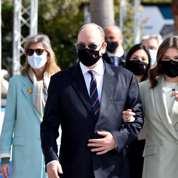 Exclusif - La princesse Caroline de Hanovre, Pauline Ducruet, Marie Chevallier, le prince Albert II de Monaco et Camille Gottlieb (marraine de Monaco One) lors du baptême de la navette Monaco One qui reliera les ports de Monaco et Vintimille, à Monaco, le 8 mars 2021. © Bruno Bebert/ PRM / Bestimage