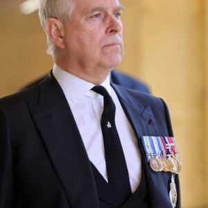 Le prince Andrew, duc d'York - Arrivées aux funérailles du prince Philip, duc d'Edimbourg à la chapelle Saint-Georges du château de Windsor, le 17 avril 2021.