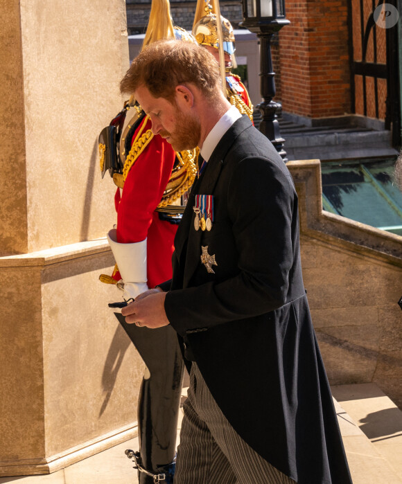 Le prince Harry, duc de Sussex, - Arrivées aux funérailles du prince Philip, duc d'Edimbourg à la chapelle Saint-Georges du château de Windsor, le 17 avril 2021.