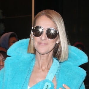Celine Dion en total look turquoise avec cuissardes et sac banane assorti dans les rues de New York.