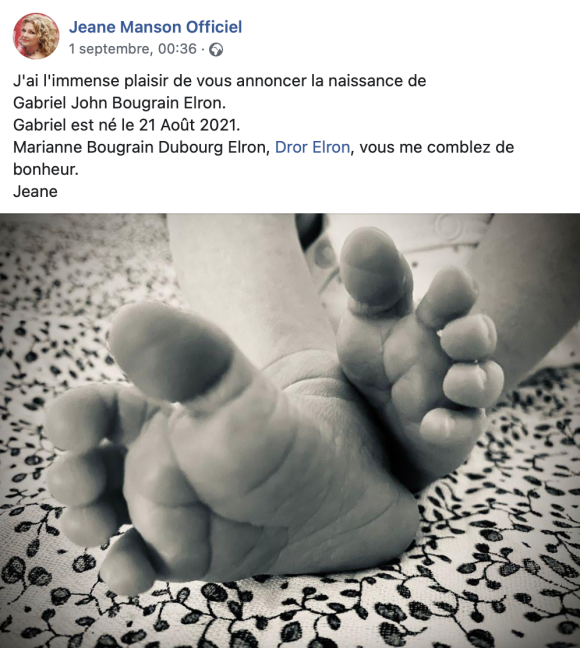 Jeane Manson annonce la naissance de son petit-fils Gabriel, enfant de sa fille Marianne et son mari Dror Elron. Le 1er septembre 2021.