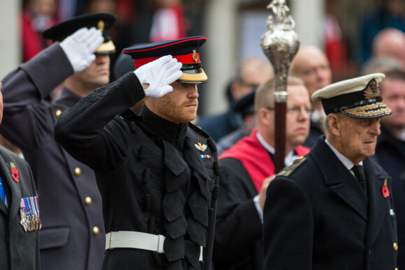 Le prince Harry et le prince Philip, duc d'Edimbourg lors de la cérémonie du "Field of Remembrance" à l'abbaye de Westminster à Londres, le 10 novembre 2016.