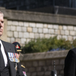 Le prince Harry, duc de Sussex, Le prince Andrew, duc d'York, et Le prince Edward, comte de Wessex, - Arrivées aux funérailles du prince Philip, duc d'Edimbourg à la chapelle Saint-Georges du château de Windsor, le 17 avril 2021.