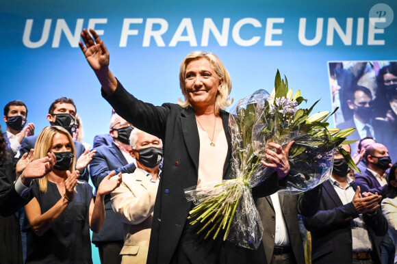 Discours de Marine Le Pen au Palais des Congres de Perpignan lors du congrès du Rassemblement National (RN) à Perpignan, France, le 4 juillet 2021. © Thierry Breton/Panoramic/Bestimage