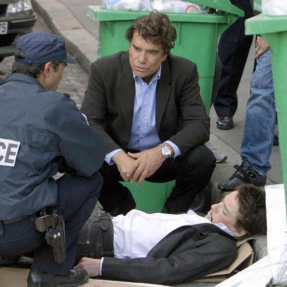 Tournage de la série "Commissaire Valence" avec Bernard Tapie, en 2003.