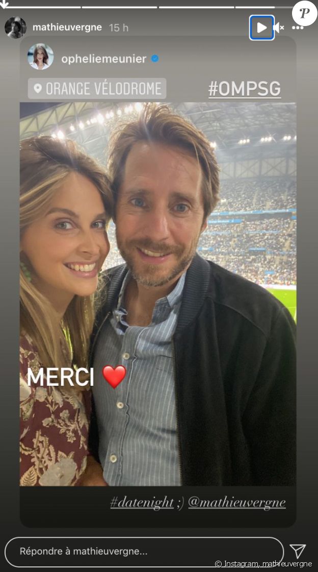 Ophélie Meunier et Mathieu Vergne au match OM - PSG le dimanche 24 octobre 2021 au Vélodrome, à Marseille. Il s'agit de la première sortie du couple depuis la naissance de leur 2e enfant.